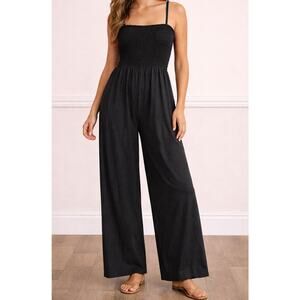 GAP Black Smocked Wide Leg Jumpsuit Womens L Boho Casual Stretch